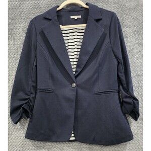 41 Hawthorn Soft Knit Blazer Women M Navy Ruched Sleeve Nautical Striped Office